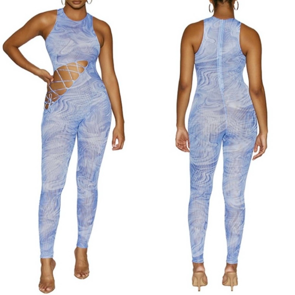Naked Wardrobe Blue Marble Mesh Jumpsuit Medium